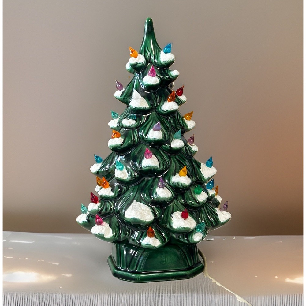 1970s Vintage Atlantic Mold Ceramic Light-up Christmas Tree W/ Bottom Base 12"